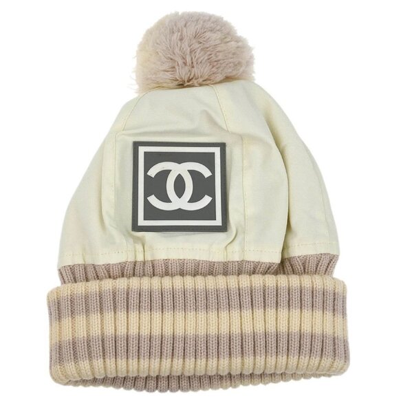 Chanel White Sport Line Knit Cap #M Small Good - Picture 1 of 7